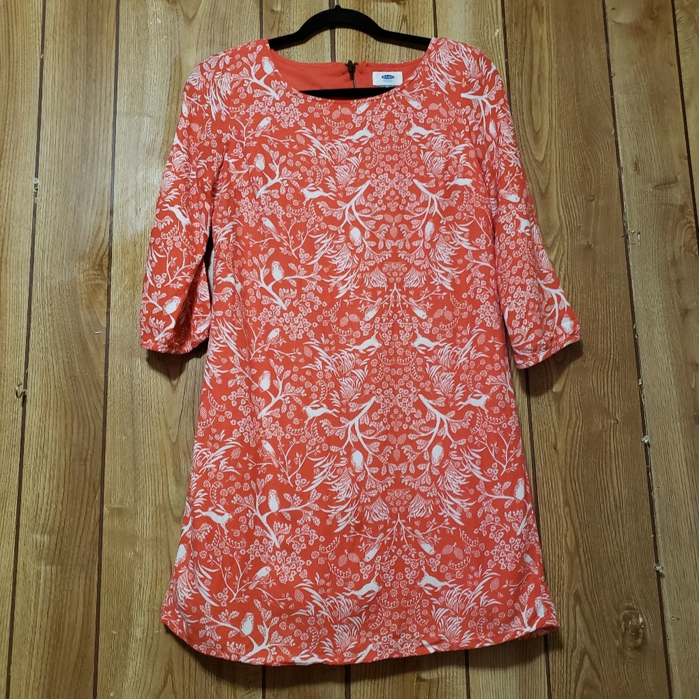 Bird Rabbit Print Shift Dress Size XS Coral And White Whimsey Fairy Core Garden